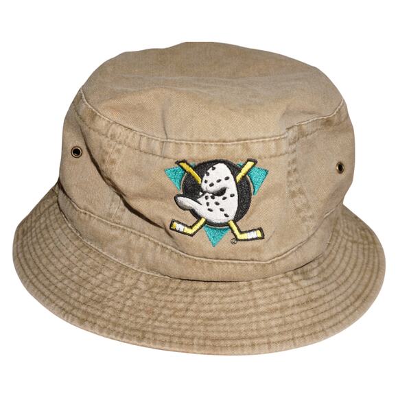 Vintage Mighty Ducks of Anaheim NHL Bucket Hat Cap Khaki Tan Embroidered 90s - Picture 1 of 4
